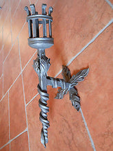 Hand Forged Wrought Iron Torch Wall Mounted Handmade Candlestick 23" - 60cm - Handcrafted Wood, Iron & Copper