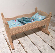 Children's Wooden Dolls Rocking Bed with Bedding and Pillow - Handcrafted Wood, Iron & Copper