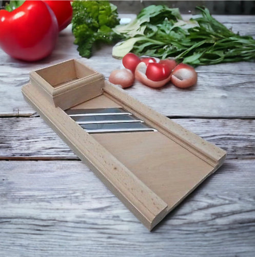 Wooden mandolin slicer that will last for years and will not bend as the plastic ones. Plus it is much more safer for your family since there would be no plastic left in the food.