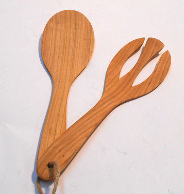 Cherry Wood Large Wooden Salad Servers Set Cooking Spoon & Fork Utensils 2pcs - Handcrafted Wood, Iron & Copper