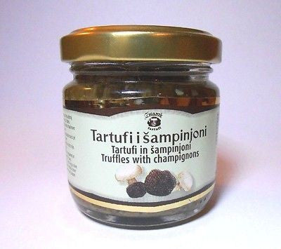 Gourmet Black Truffles with Champignons Minced in Extra Virgin Olive Oil 80grams - Handcrafted Wood, Iron & Copper