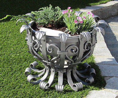 Hand Forged Flower Planter with Stainless Steel Basket 47cm-18.5'' - Handcrafted Wood, Iron & Copper