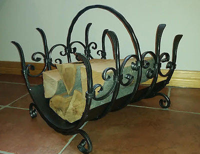 Luxury Hand Forged Wood Rack Fireplace Log Rack Tool Handmade - Handcrafted Wood, Iron & Copper