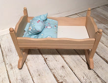 Children's Wooden Dolls Rocking Bed with Bedding and Pillow - Handcrafted Wood, Iron & Copper