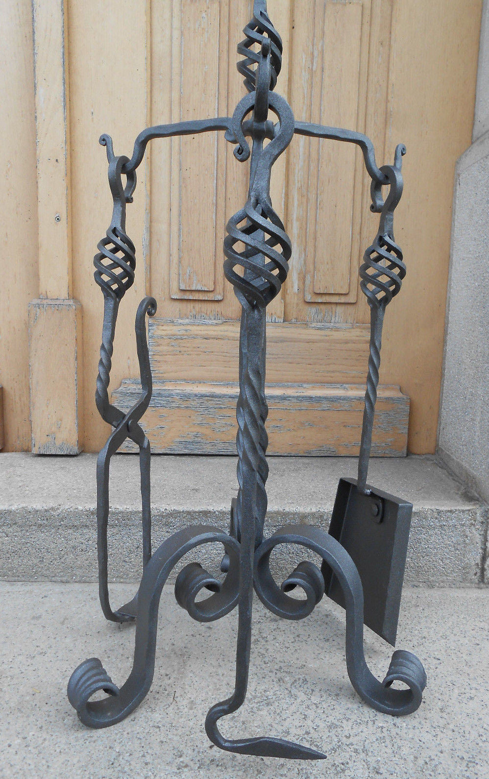 Luxury Hand Forged Fireplace Tools Set Handmade 4 Pieces Set 68cm - Handcrafted Wood, Iron & Copper